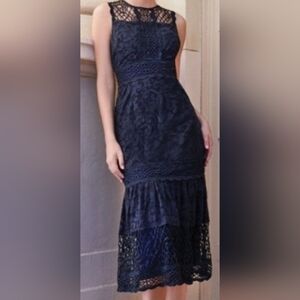 ANTONIO MELANI Navy Lace Midi Dress, Bodycon/Pencil, Mermaid-style Lace Hem,Sz:4